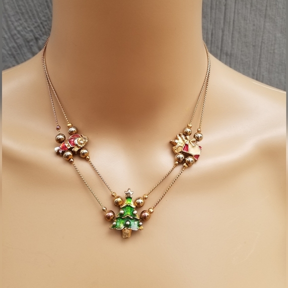 VINTAGE FESTIVE CHRISTMAS SLIDER CHARM GOLDTONE NECKLACE - Picture 1 of 8